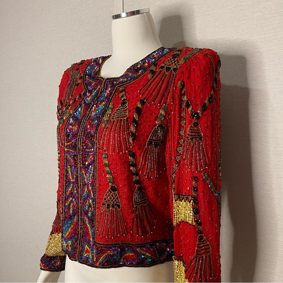 Vintage 80s Lawrence Kazar red beaded evening jacket - Picture 5 of 12